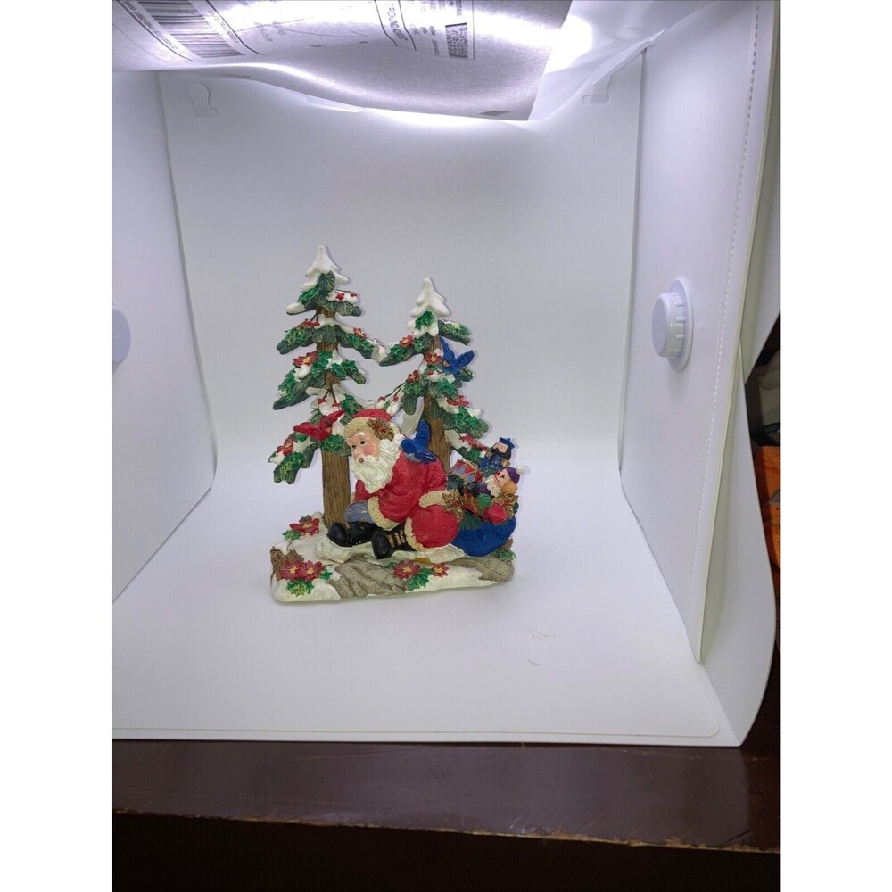 Santa Sitting on Rock, With Filled Toy Bag Red Blue Birds pretty trees,, waiting